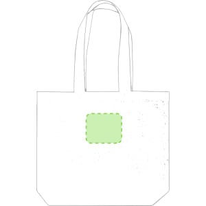 A white tote bag with green accents and a blank square area in the centre. It features two sturdy handles.