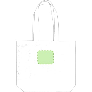 A white tote bag with green outline detailing, featuring two handles and a simple design.