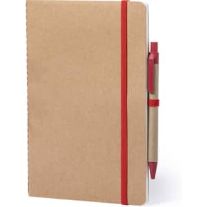 A kraft notebook with a red elastic band and matching pen attached. The design is simple and practical.