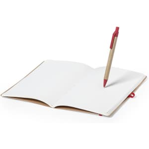 An open notebook with a brown cover and a red pen resting on a blank page, featuring a logo.