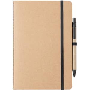 A brown notebook with a black elastic band and a matching pen attached to the side. It has a simple, plain design.