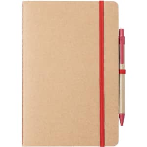 A kraft notebook with a red elastic band and a matching pen attached. The notebook features a simple design.