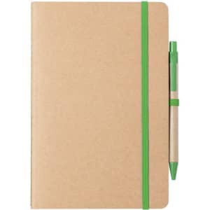 A tan notebook with a green elastic band and a matching green pen attached. It has a subtle logo on the front.