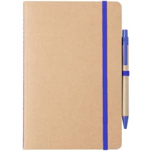 A brown notebook with a blue elastic band and a blue pen attached on the side.