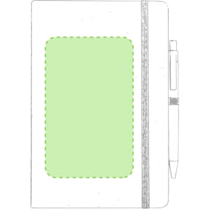 A green notebook with a textured cover and a pen resting alongside it. The notebook features an empty rectangular area.