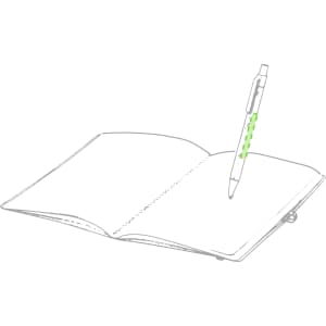 A notebook with white pages, featuring a pen inserted in the spine, displaying a green accent. It has a logo.