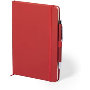 A red notepad with a pen holder, elastic closure, and a pen included, designed for office and business use.