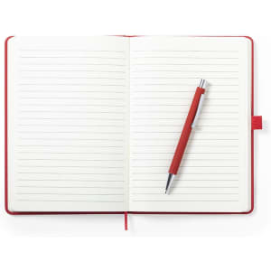 A red notepad with lined pages and a matching red pen resting on open pages. It features a logo on the cover.