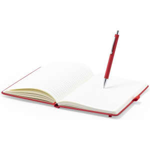 A red notepad with blank pages and a matching red pen resting on it. The notepad has a branding logo.