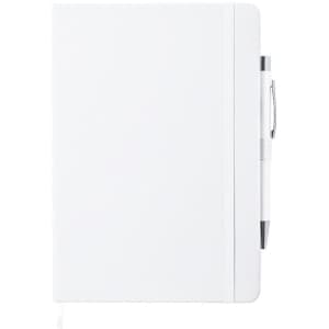 A white notepad featuring a pen and a sleek design, showcasing a minimalist style with a branded logo.