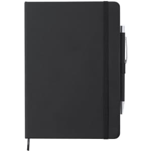 A black notepad with an elastic band and a pen attached, featuring a simple design and no visible branding.