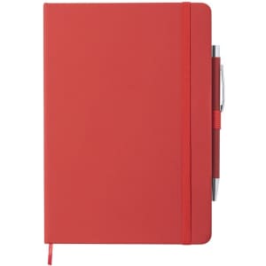 A red notepad with an elastic band and a pen attached, featuring a logo on the cover.