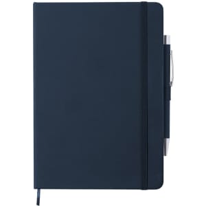 A navy blue notepad with a pen attached, featuring a secure elastic band and a textured cover.