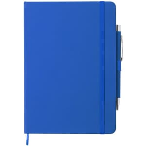 A blue notebook with a pen attached, featuring a solid cover and an elastic band closure.