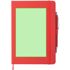 A red notepad with a green front cover and a matching pen attached. It features an elastic closure.