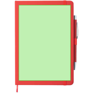 A red notepad with a green cover and a matching red pen attached. It has an empty space for notes.