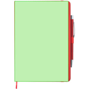 A green notepad with a red spine, featuring a matching red pen attached.