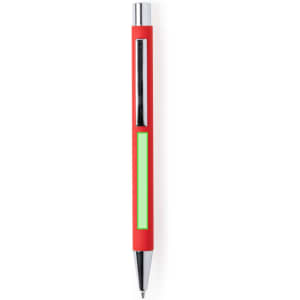 A red pen with a green accent and a shiny silver clip, featuring a placeholder for branding.