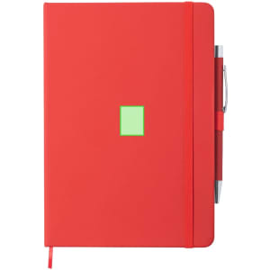 A red notepad with an elastic band, featuring a pen attached and a logo on the front.