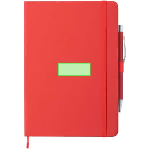 A red notepad with an elastic band and a pen attached, featuring a placeholder for a label.
