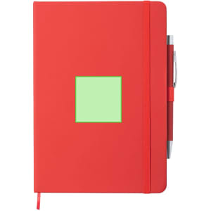 A red notepad with a green square on the cover, accompanied by a pen attached to the side.