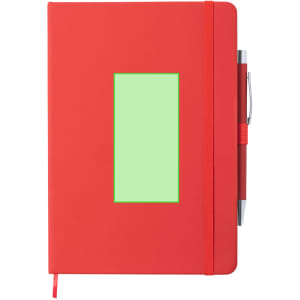 A red notepad with a green rectangular space on the front and an attached pen. It features an elastic band closure.