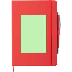 A red notepad with a green insert and an attached pen, featuring a logo on the cover.