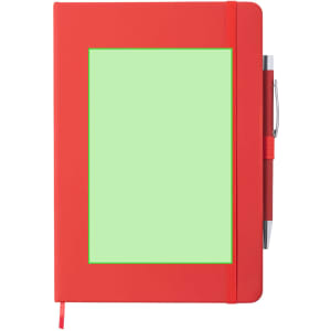 A red notepad with a green cover panel, accompanied by a pen. Features an elastic band and ribbon bookmark.