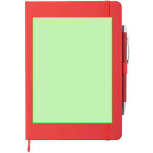 A red notepad with a green blank cover and a pen attached. It's sleek and suitable for office use.