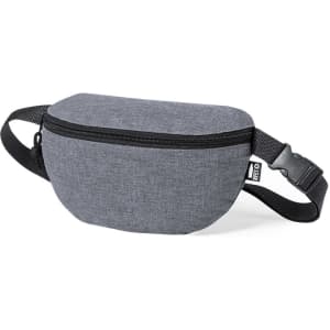 A grey waistbag with a zippered compartment and an adjustable strap, featuring a logo.