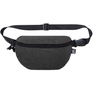 A grey bum bag with a zippered compartment and adjustable strap, featuring a small logo.