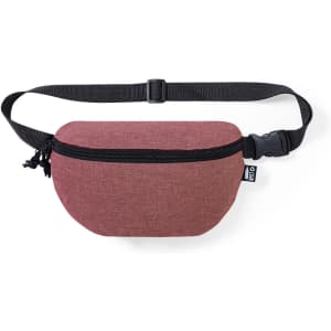 A red bum bag with a zippered pocket and an adjustable strap. It features a logo on the side.