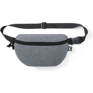 A grey bum bag with a zip closure and adjustable strap, featuring a logo on the side.