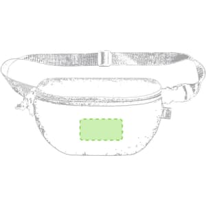 A green bum bag with a zip closure and adjustable strap, featuring a logo on the front.