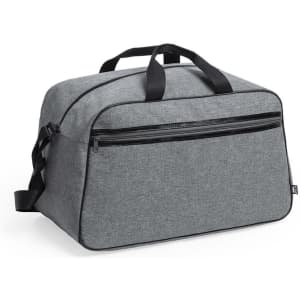 A grey duffel bag with a large zippered compartment and adjustable shoulder strap, featuring a logo.