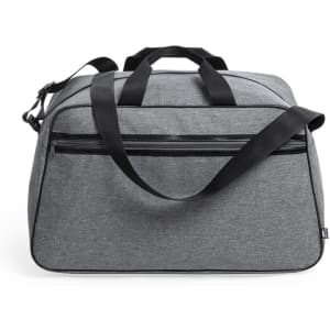 A grey duffle bag with black straps and a zippered pocket on the front, featuring a logo.