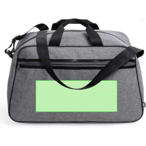 A grey bag with black straps and a front zipper pocket, featuring a blank green area for customisation.