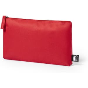 A red toiletry bag with a zip closure and a small branding tag on the side.