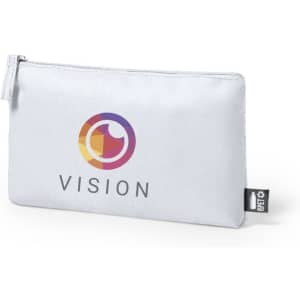 A white toiletry bag with a colourful logo and a zip closure. It features a simple, sleek design.