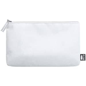 A white toiletry bag with a zip closure, featuring a small logo on one side.