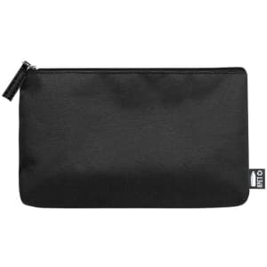 A black toiletry bag with a zip closure, featuring a small logo tag. Ideal for organising personal items.
