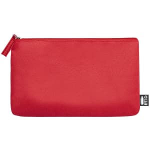 A red toiletry bag with a zip closure, featuring a simple design and a branding label on the side.