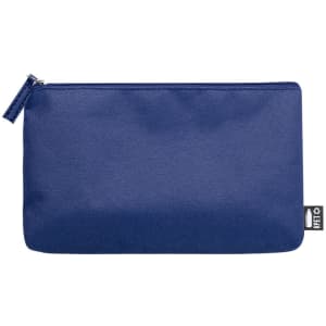 A navy blue toiletry bag with a zip closure and a small branding label.