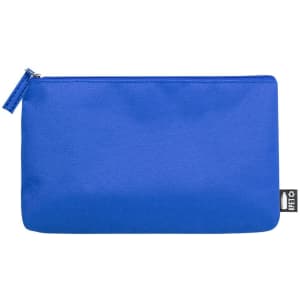 A blue toiletry bag with a zip closure and a small logo on the side.