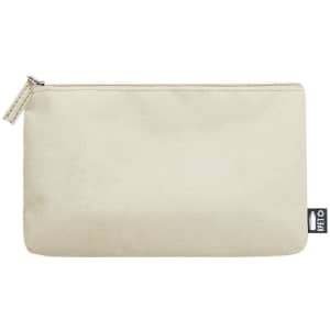 A cream-coloured toiletry bag with a zip closure and a logo on the side.