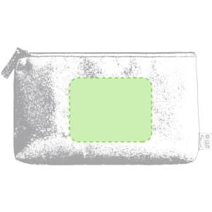 A metallic silver toiletry bag with a green placeholder area and a zip closure, featuring a logo on the side.