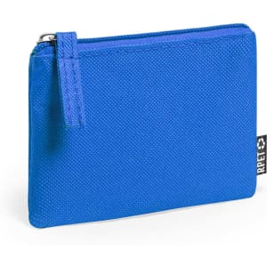 A blue zippered purse with a textured surface and a small strap, featuring a logo tag on the side.