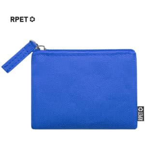 A blue zippered purse made from RPET material, featuring a textured surface and a wrist strap.