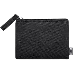 A black wallet with a textured surface and a zip closure, featuring a small loop for easy carrying.