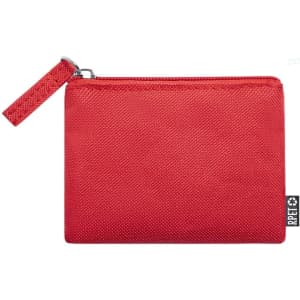 A red zippered purse with a textured surface and a wrist strap, featuring a logo on the side.